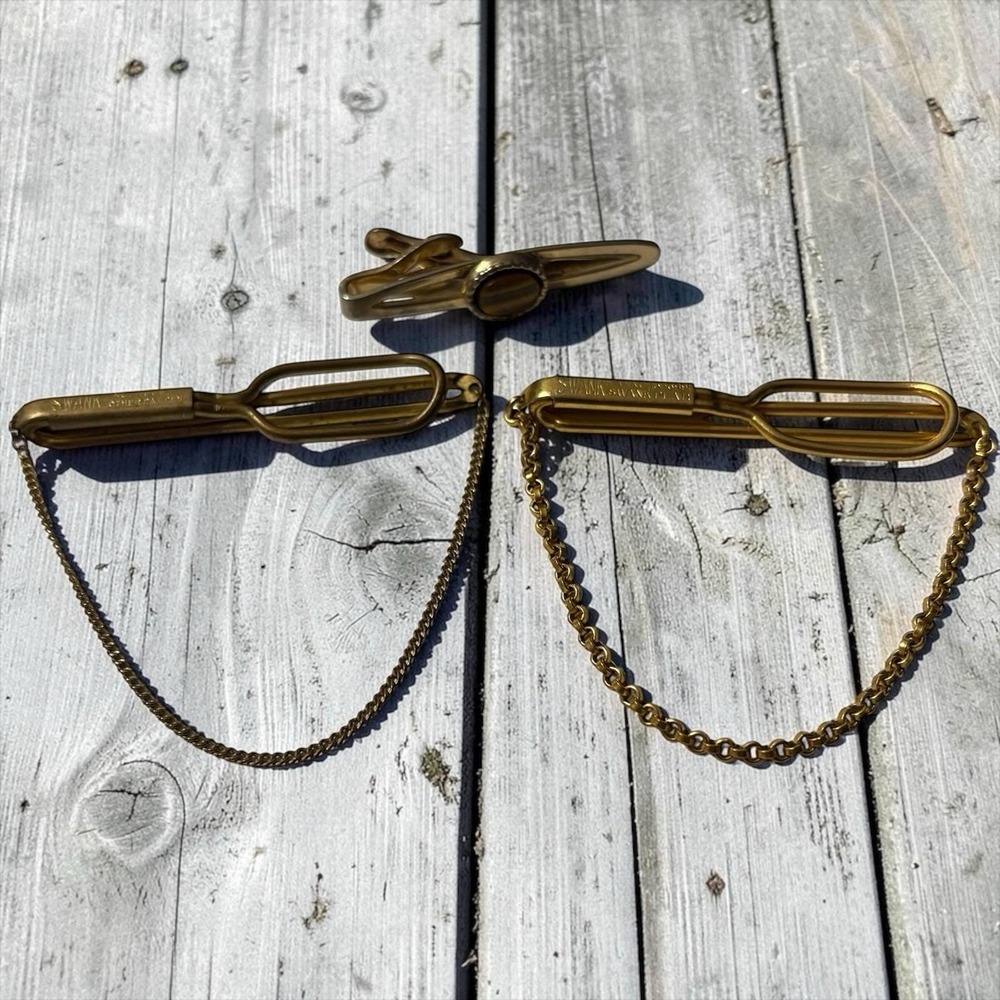 Vintage Tie Clip Bar Chain SWANK Lot of 3 Gold Tone Tiger's Eye Clip MCM Men's‎